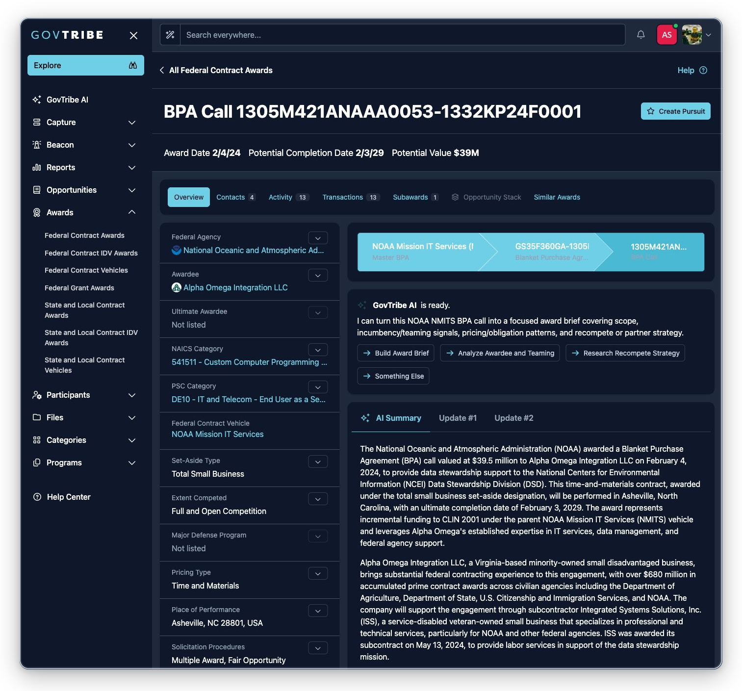 BPA call federal contract award detail with hierarchy, badges, GovTribe AI, descriptions, and related tabs