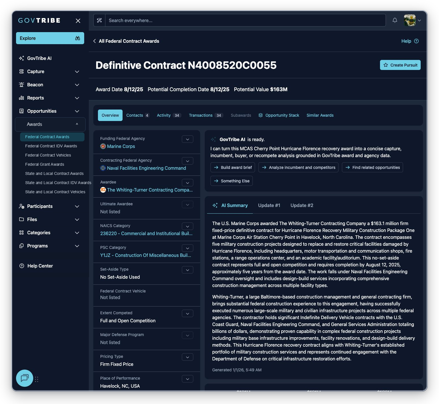 Definitive contract federal contract award detail with header values, badges, AI summary, and pursuit action