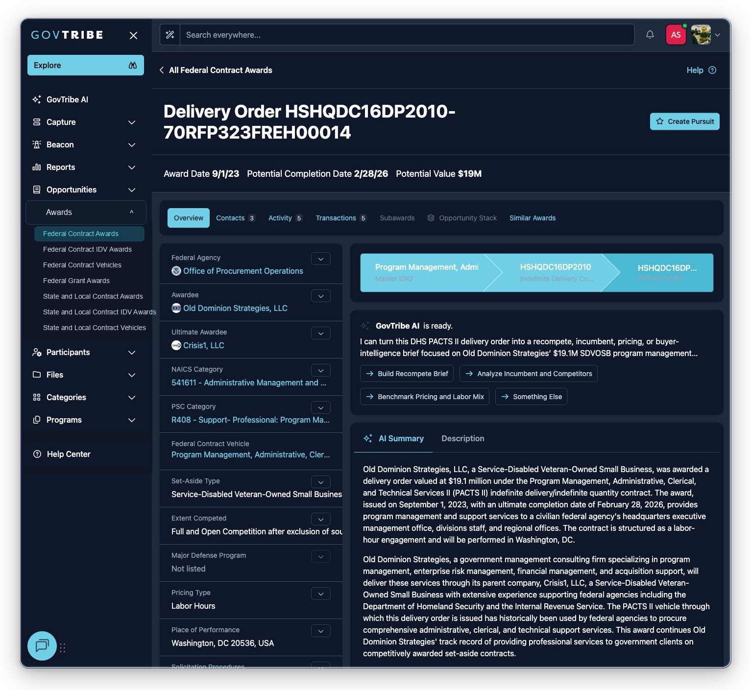 Delivery order federal contract award detail with header values, hierarchy, badges, AI summary, and pursuit action