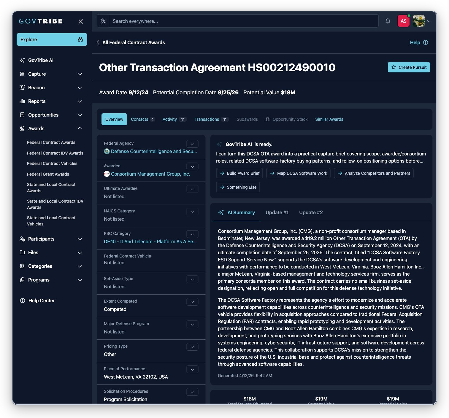 Other Transaction Agreement federal contract award detail with badges, GovTribe AI, descriptions, metrics, and related tabs