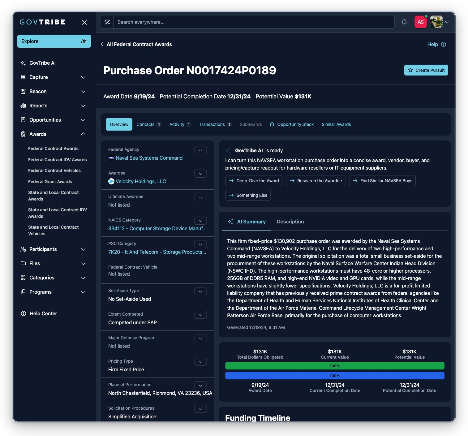 Purchase order federal contract award detail with header values, badges, GovTribe AI, summary, and metrics