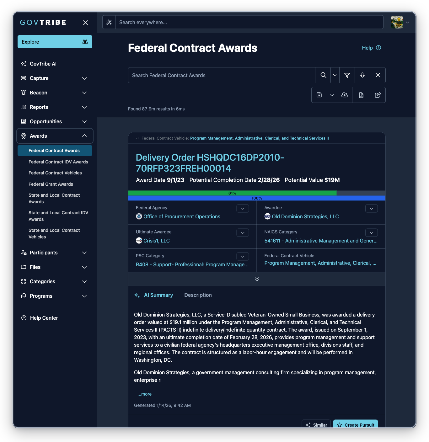 Federal contract awards page with the Awards sidebar expanded and Federal Contract Awards selected