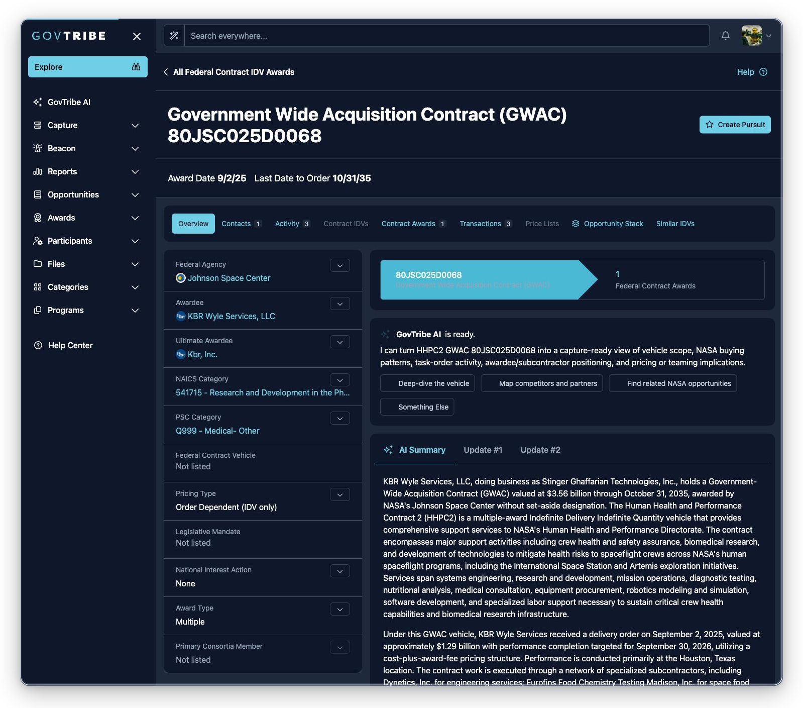 GWAC federal contract IDV award detail with ordering dates, hierarchy, badges, summary, and tabs