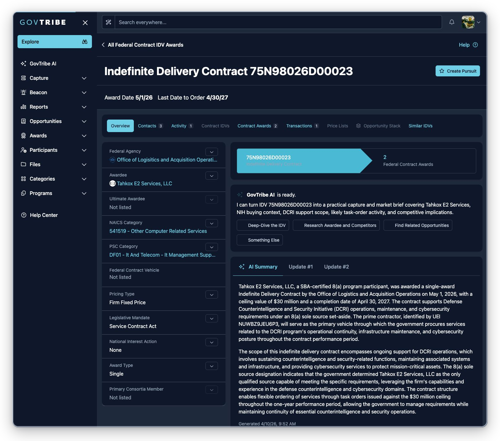 Indefinite Delivery Contract federal contract IDV award detail with header dates, hierarchy, badges, summary, and related tabs