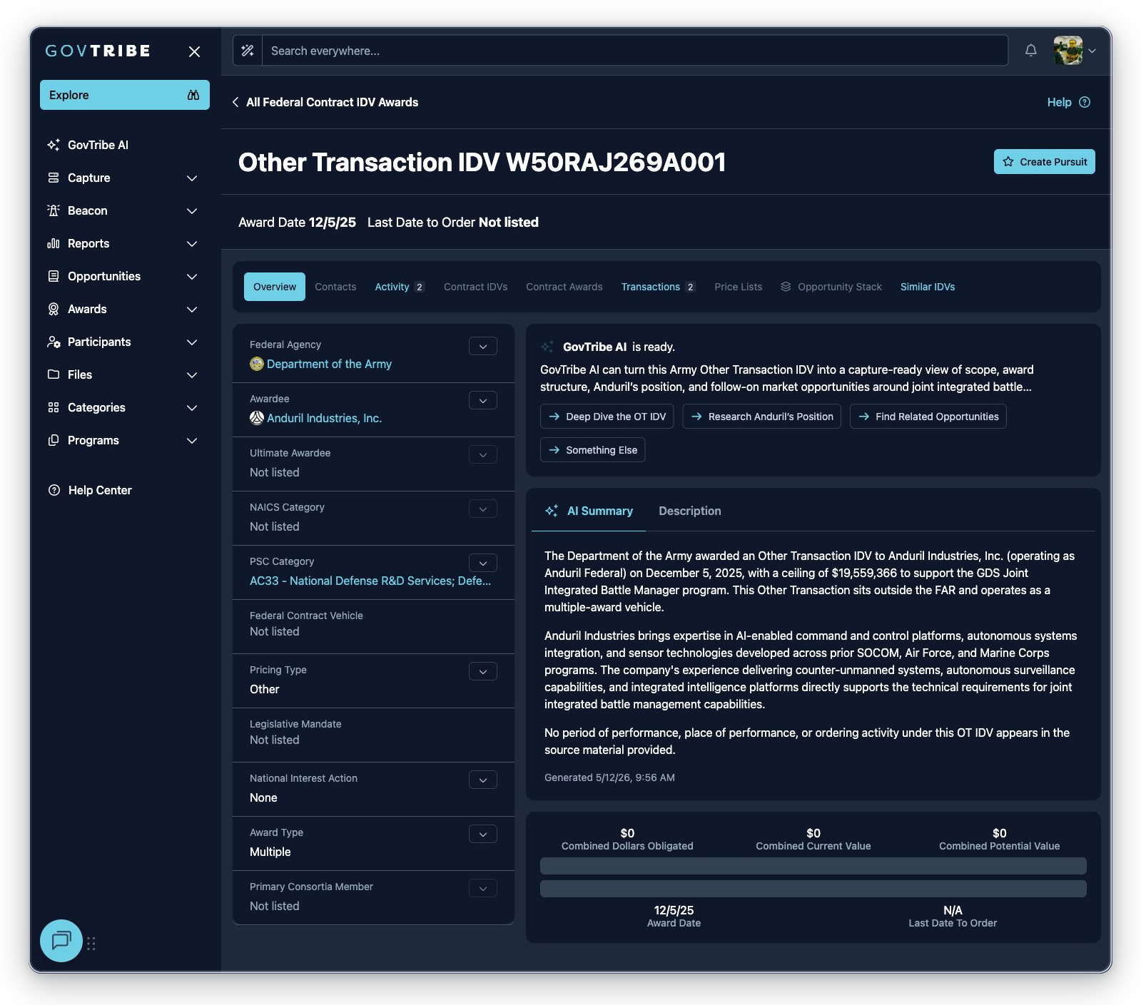 Other Transaction IDV federal contract IDV award detail with header dates, badges, GovTribe AI, summary, metrics, and tabs