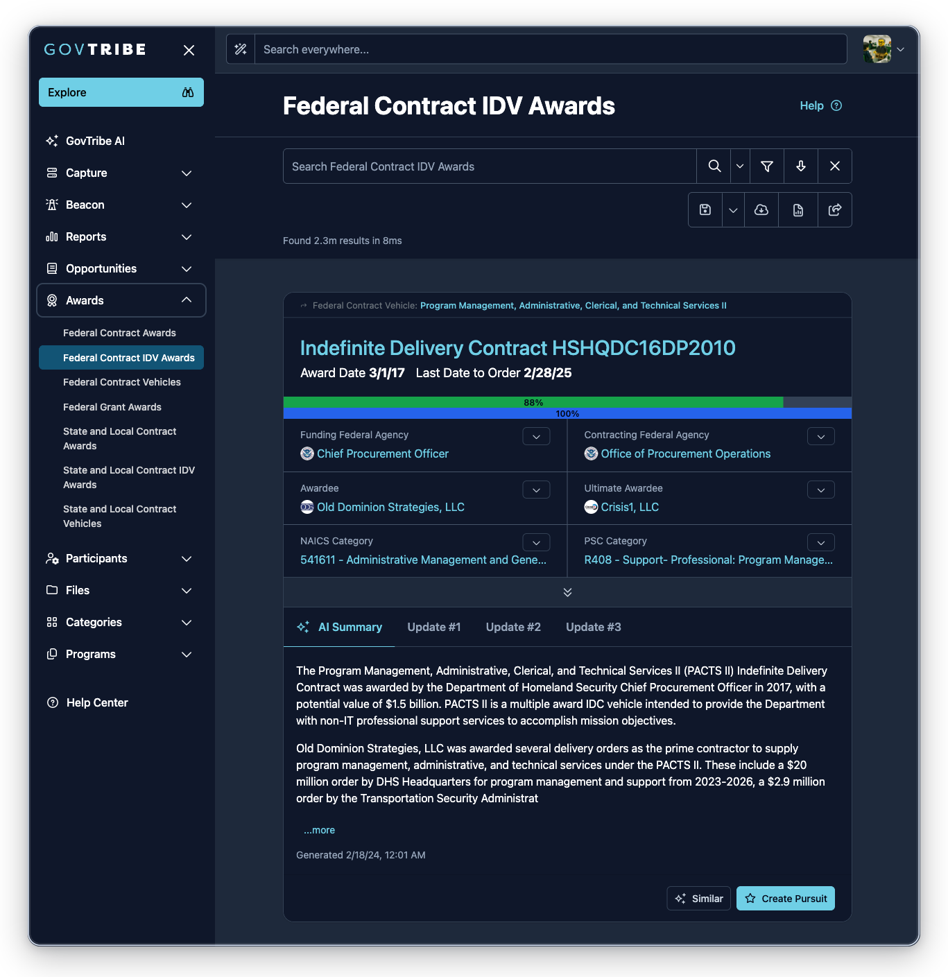 Federal contract IDV awards page with the Awards sidebar expanded and Federal Contract IDV Awards selected