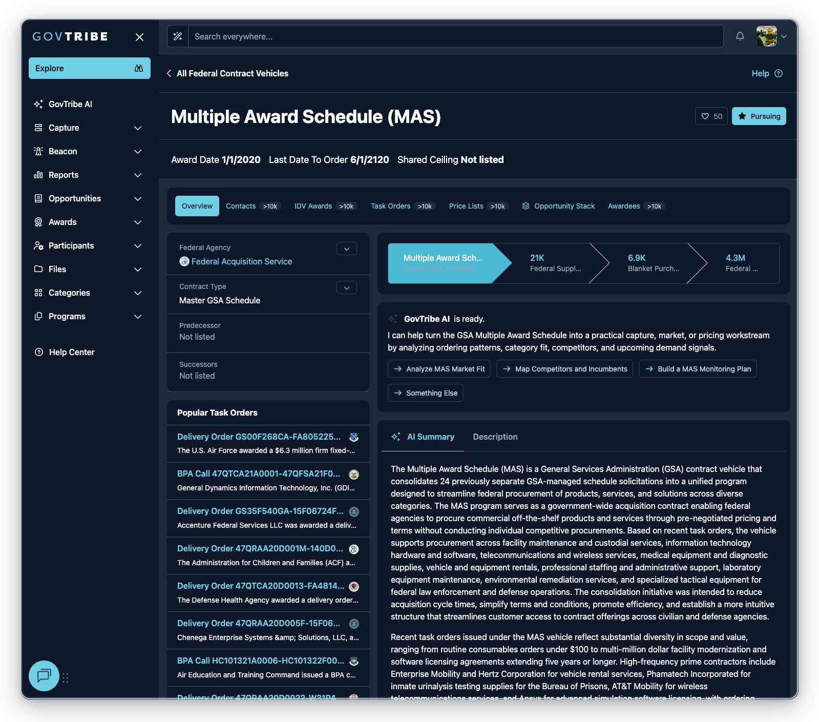 Master GSA Schedule federal contract vehicle detail with header dates, shared ceiling, hierarchy, badges, GovTribe AI, summary, and tabs