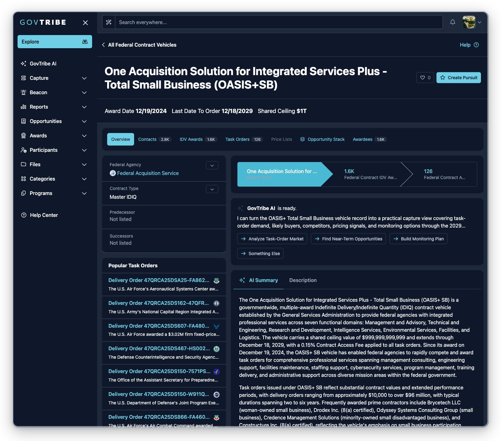 Master IDIQ federal contract vehicle detail with OASIS Plus Total Small Business header, hierarchy, badges, GovTribe AI, summary, and tabs