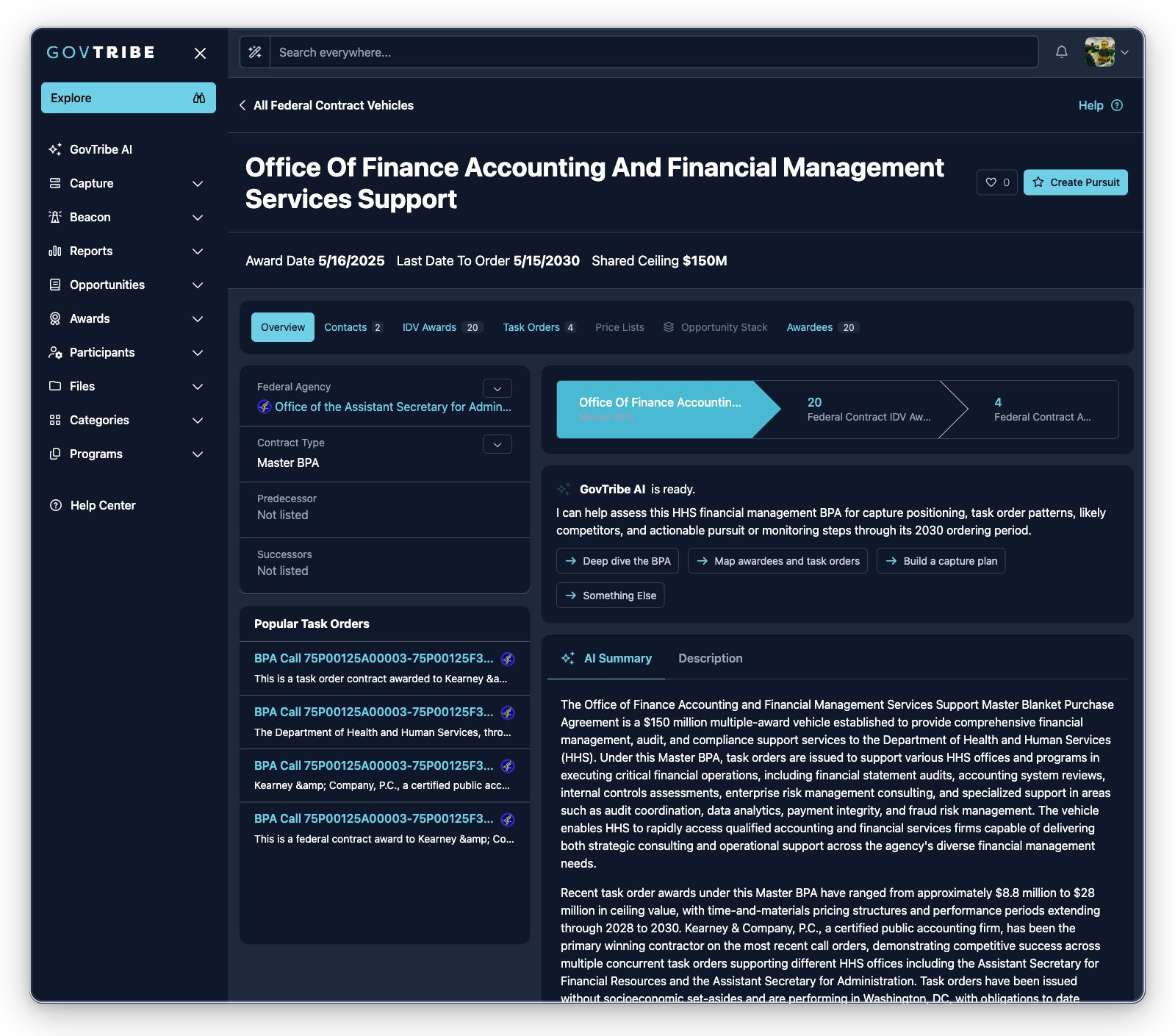 Master BPA federal contract vehicle detail with HHS finance support header, hierarchy, badges, GovTribe AI, summary, metrics, and tabs