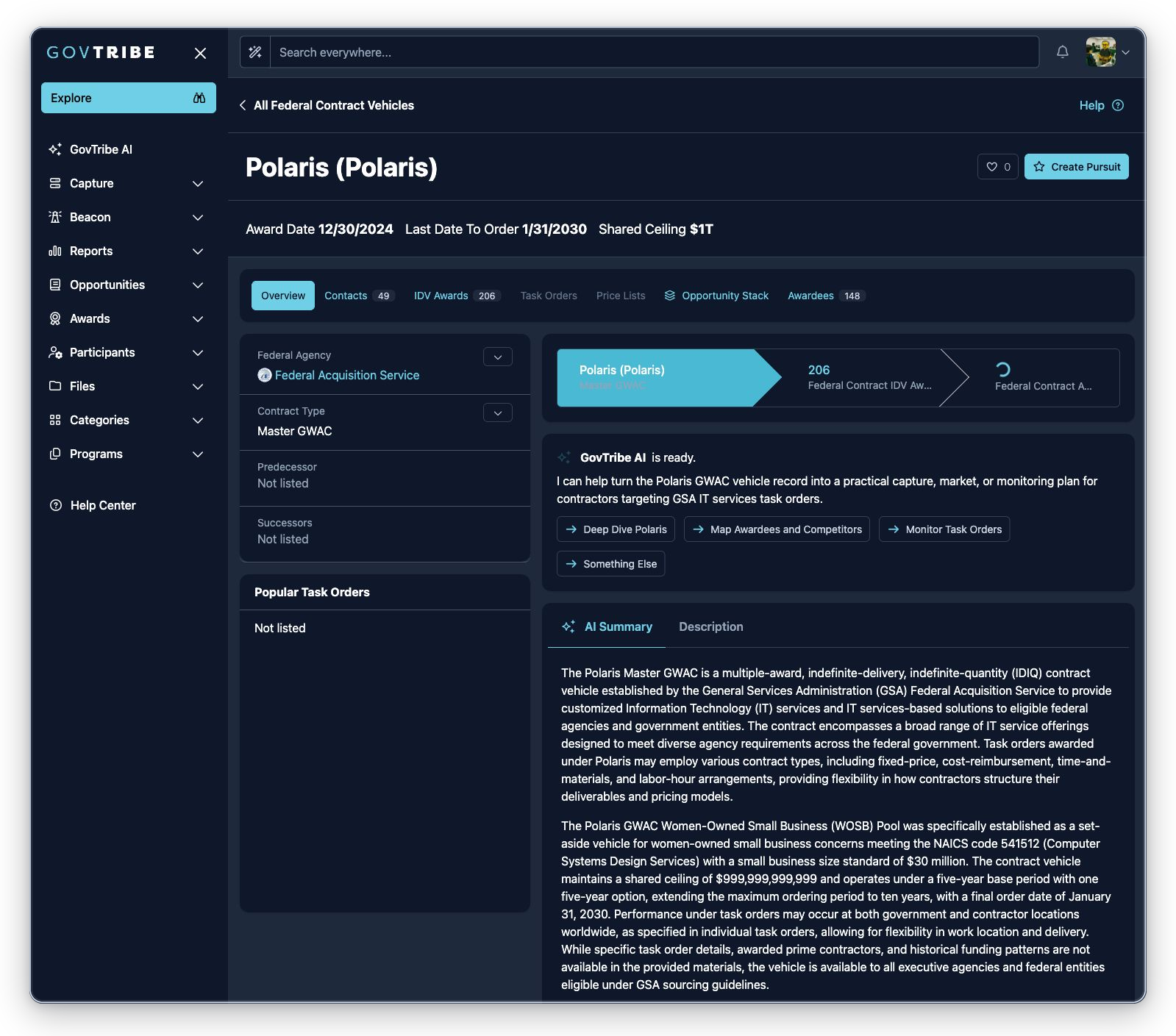Master GWAC federal contract vehicle detail with Polaris header, shared ceiling, hierarchy, badges, GovTribe AI, summary, and tabs