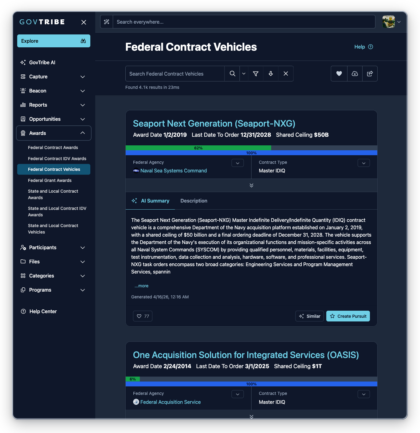 Federal contract vehicles page with the Awards sidebar expanded and Federal Contract Vehicles selected