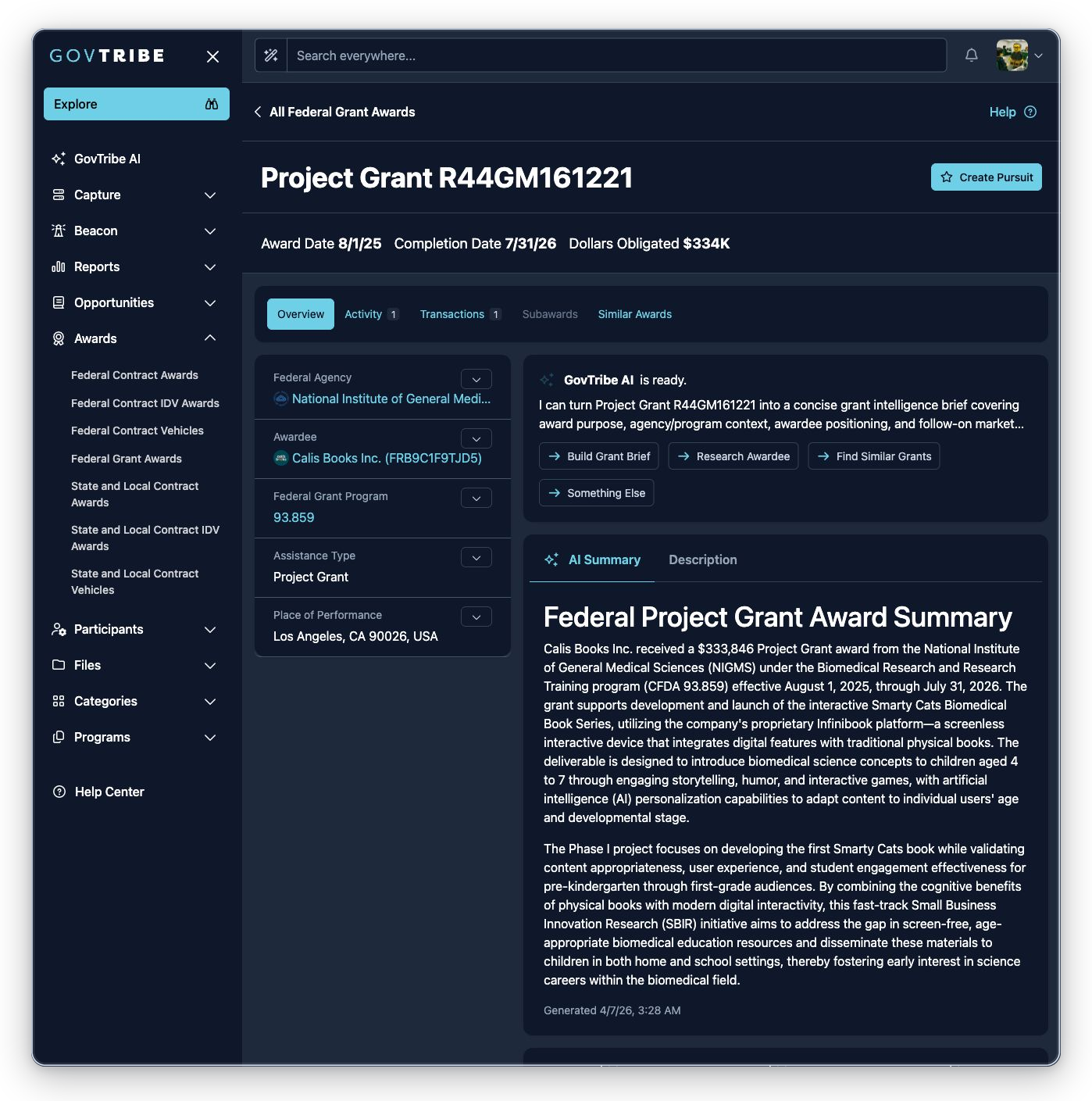 Federal grant award detail for a project grant with expanded Awards navigation, header values, tabs, badges, GovTribe AI, and AI Summary