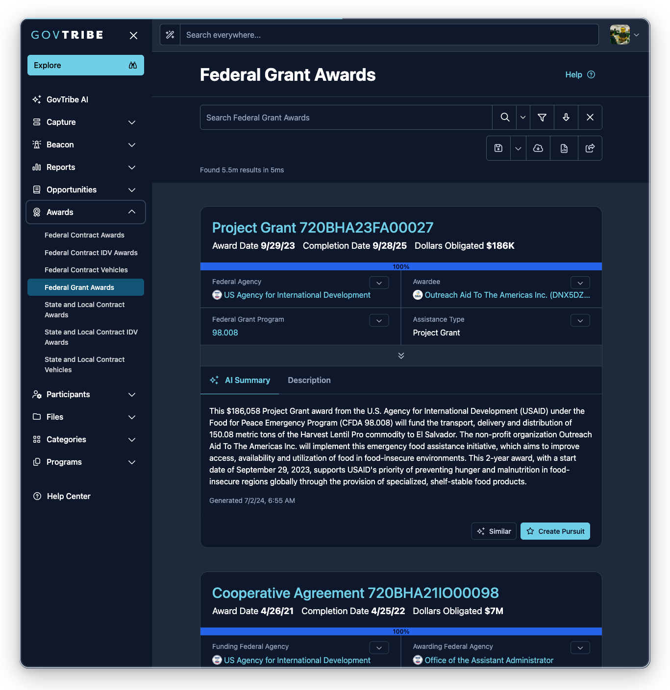 Federal grant awards page with the Awards sidebar expanded and Federal Grant Awards selected