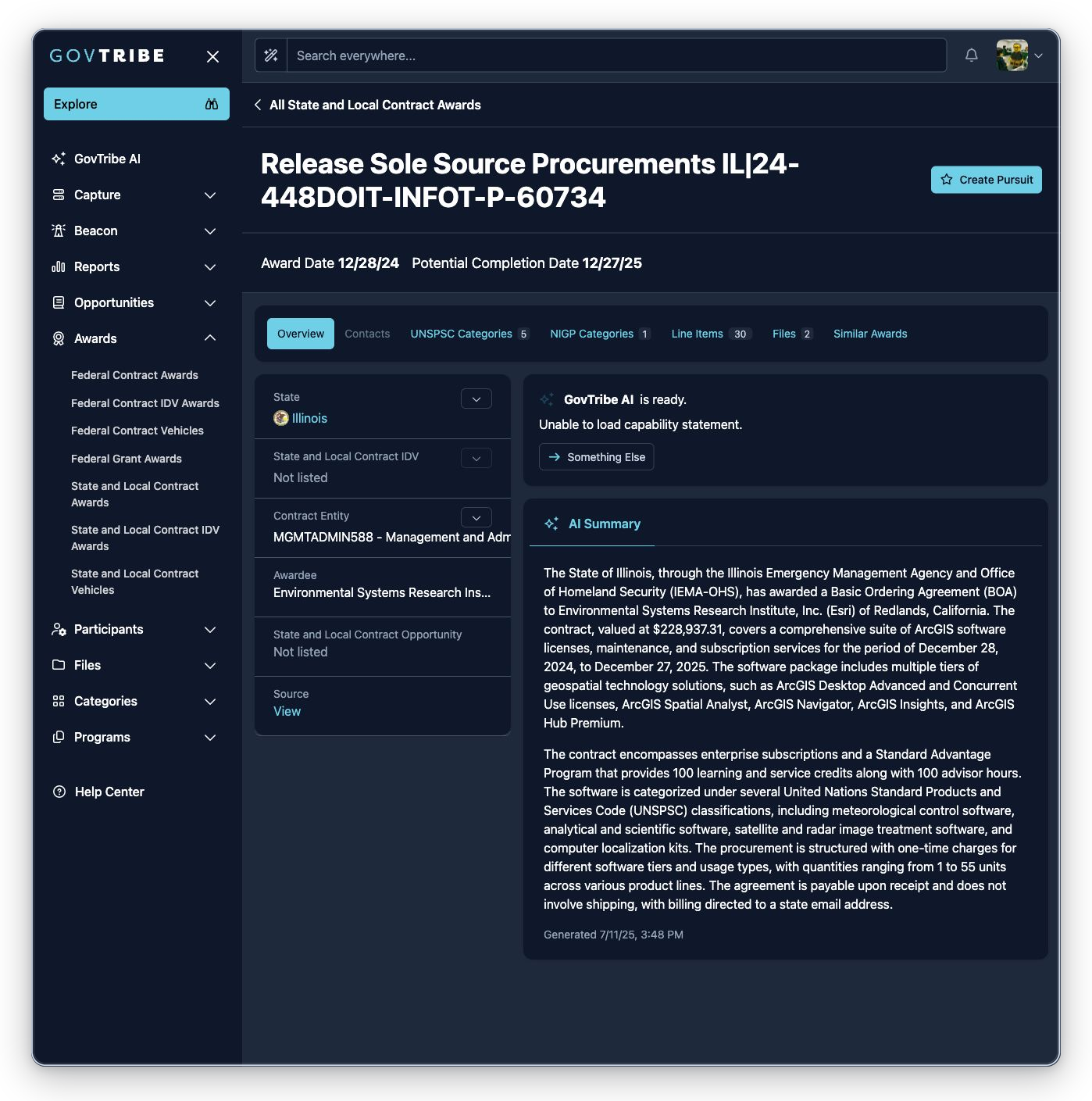 State and local contract award detail with source context, file and line item tabs, badges, GovTribe AI, and summary