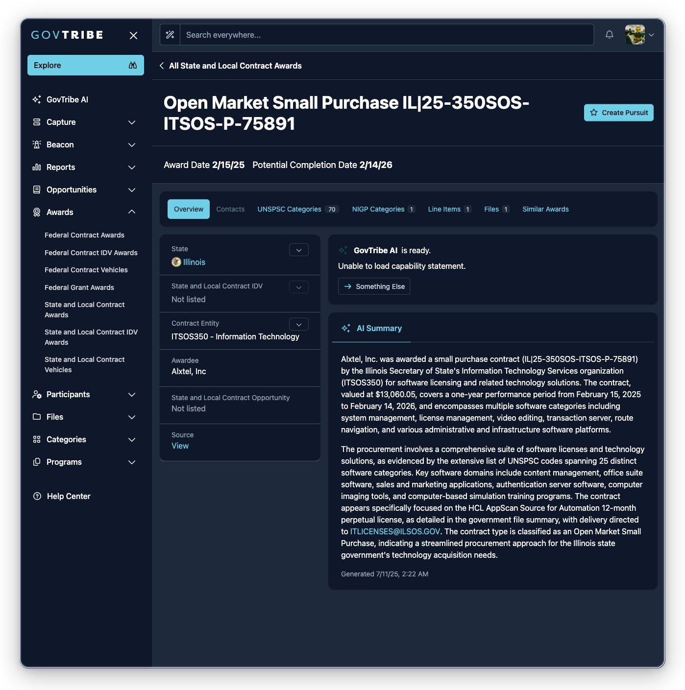 State and local contract award detail with expanded Awards navigation, header dates, tabs, badges, GovTribe AI, and summary