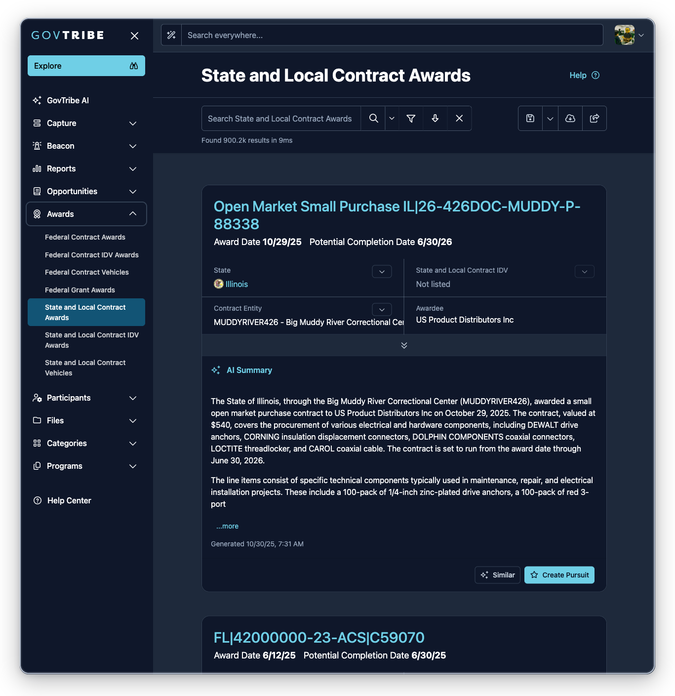 State and local contract awards page with the Awards sidebar expanded and State and Local Contract Awards selected
