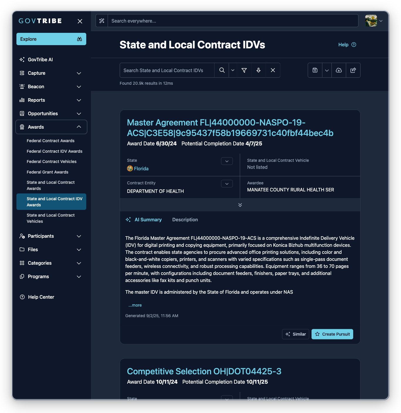 State and local contract IDV awards page with the Awards sidebar expanded and State and Local Contract IDV Awards selected