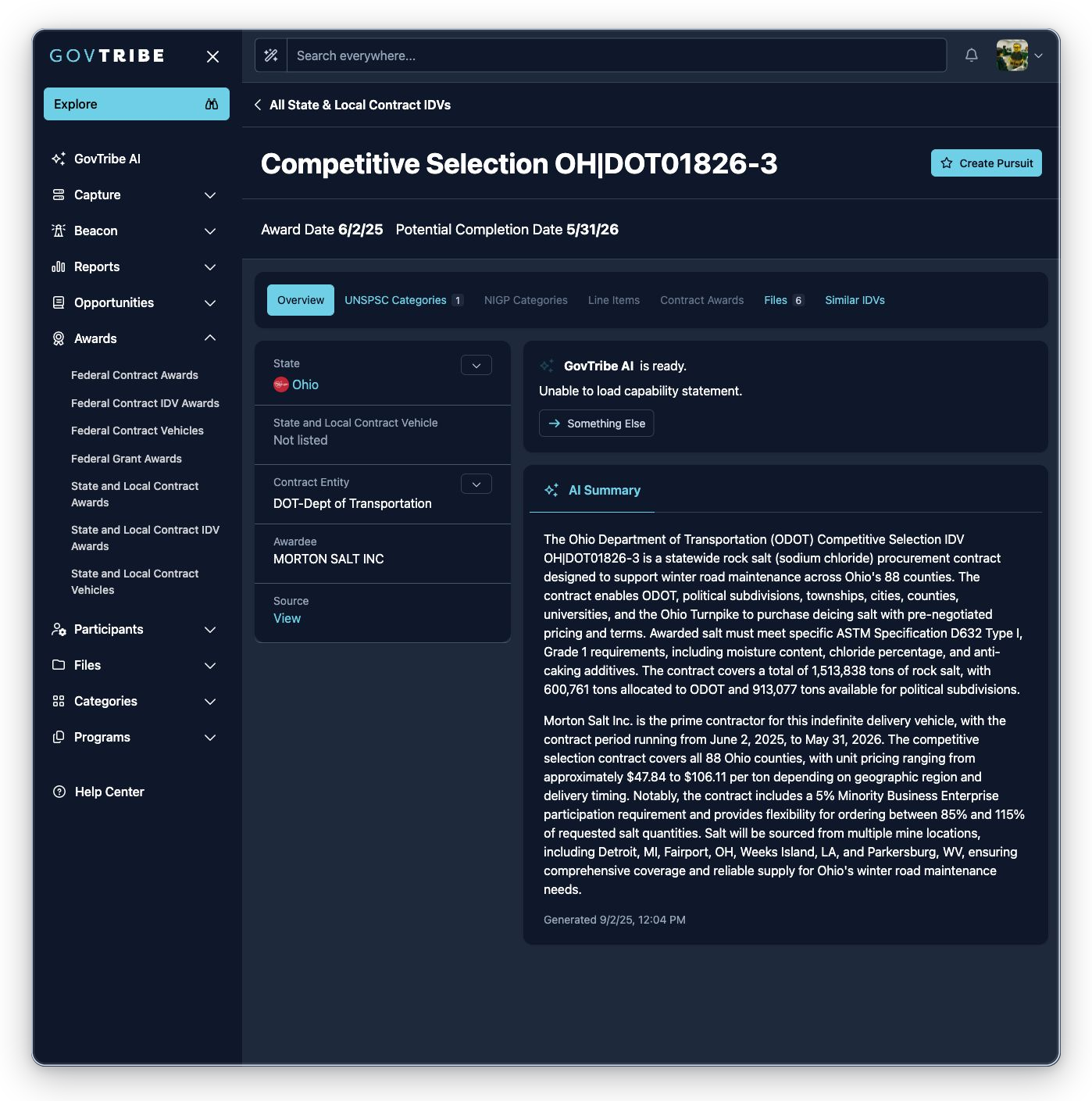 State and local contract IDV detail with category and file tabs, badges, GovTribe AI, and summary