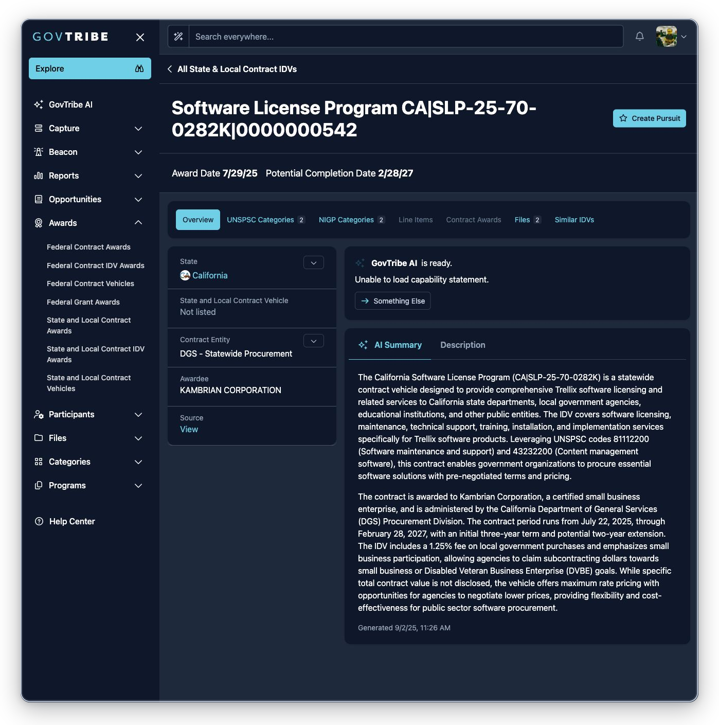 State and local contract IDV detail with expanded Awards navigation, header dates, tabs, badges, GovTribe AI, and summary