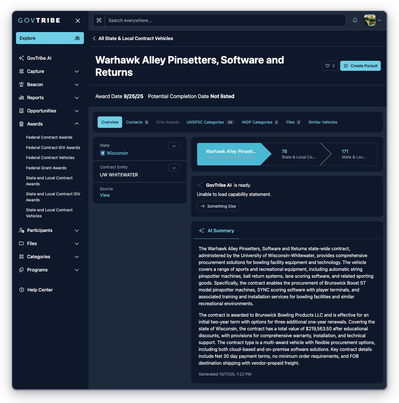 State and local contract vehicle detail with contacts, category, file, favorite, pursuit, GovTribe AI, and summary context