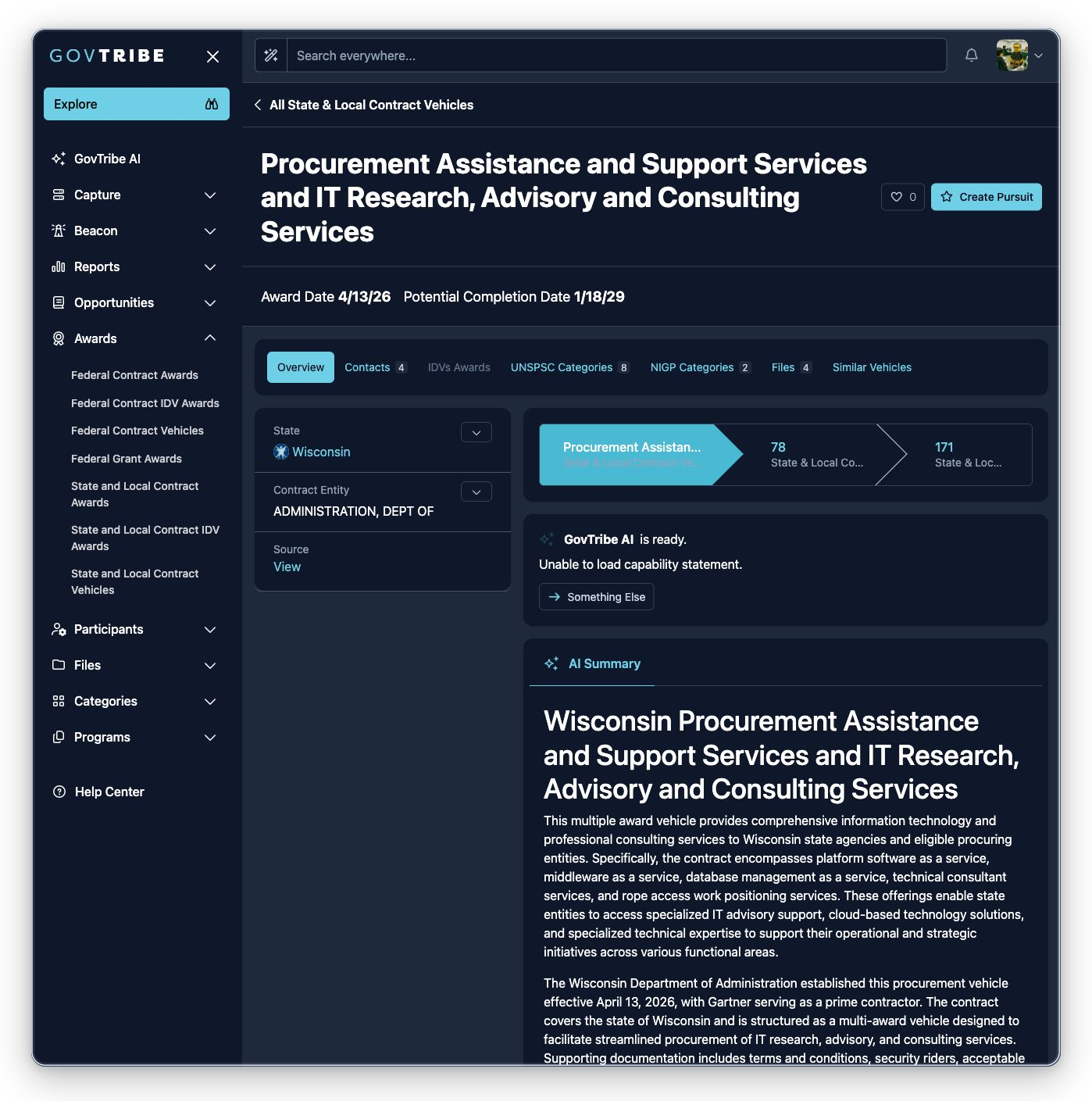 State and local contract vehicle detail with expanded Awards navigation, favorite action, pursuit action, tabs, badges, GovTribe AI, and summary