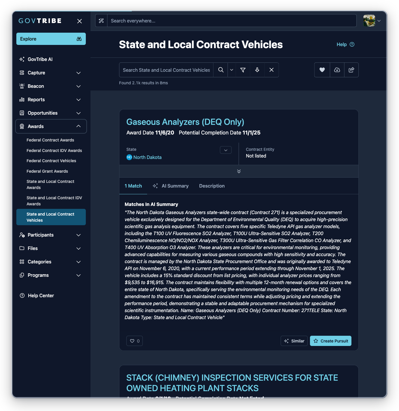 State and local contract vehicles page with the Awards sidebar expanded and State and Local Contract Vehicles selected