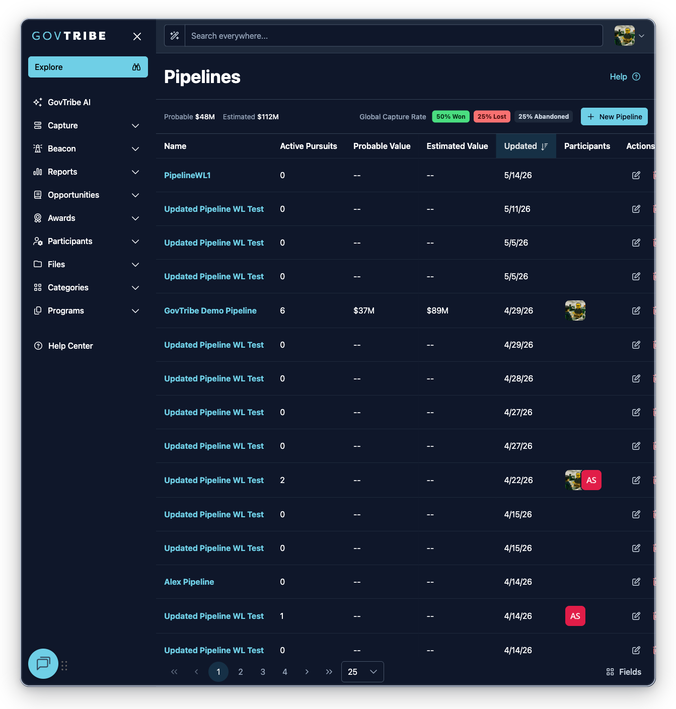 Pipelines page with the Capture sidebar expanded and Pipelines selected