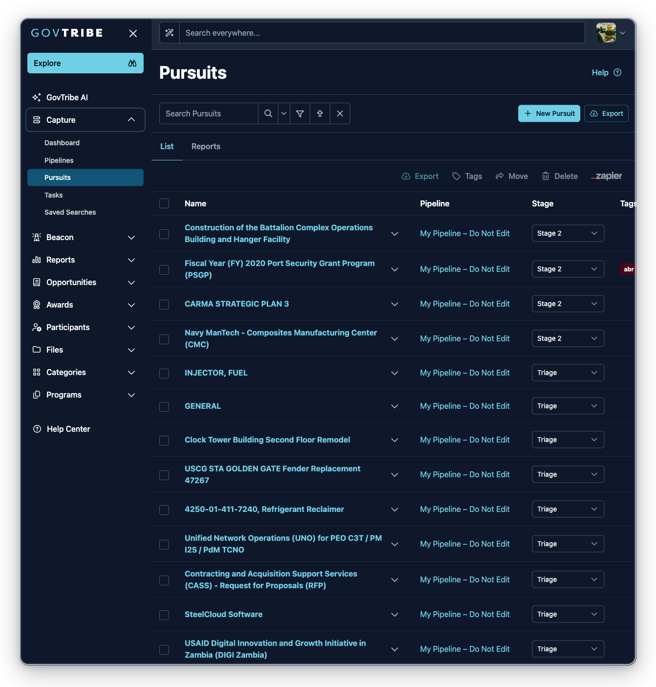 Pursuits page with the Capture sidebar expanded and Pursuits selected