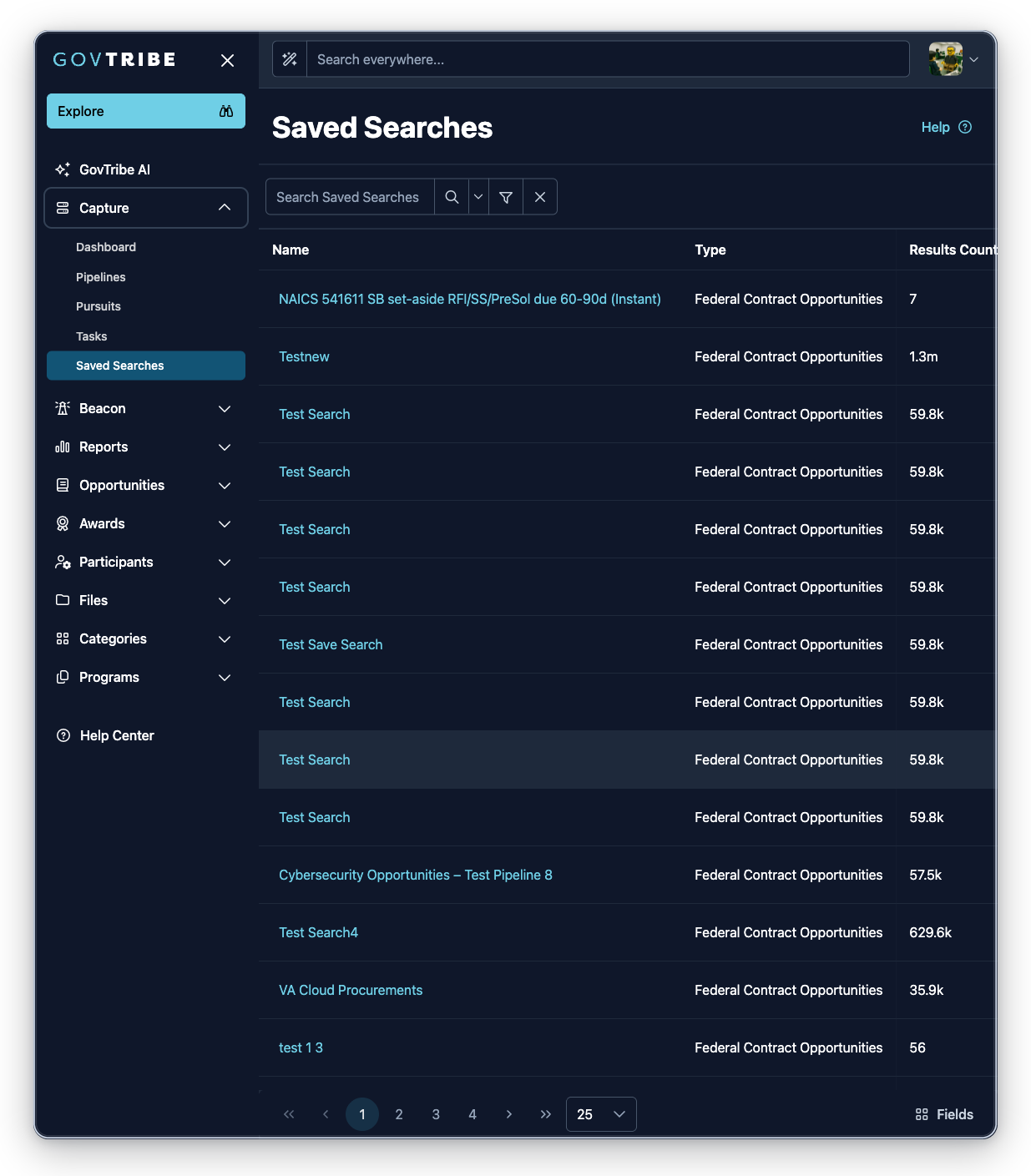 Saved Searches page with the Capture sidebar expanded and Saved Searches selected