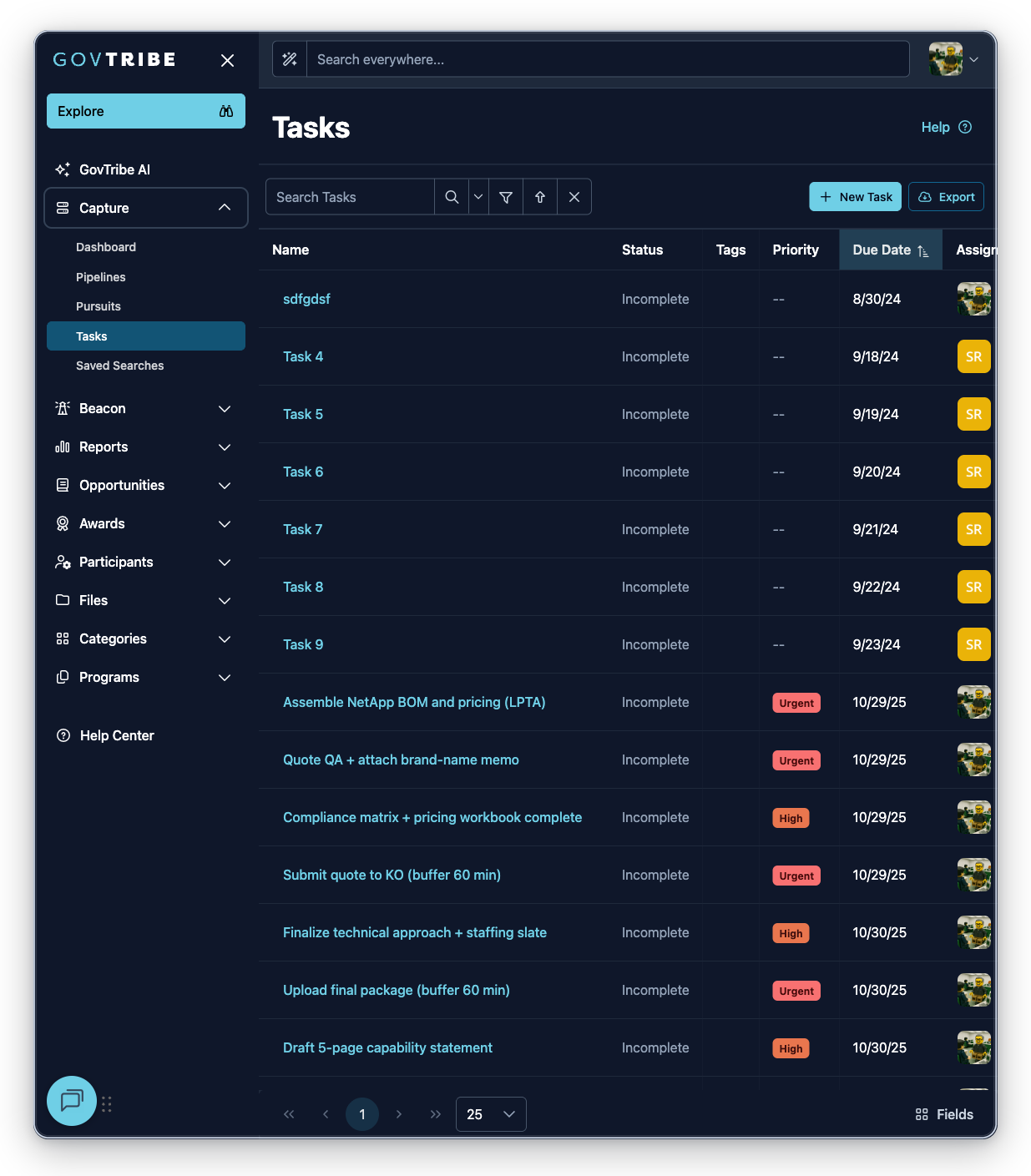 Tasks page with the Capture sidebar expanded and Tasks selected