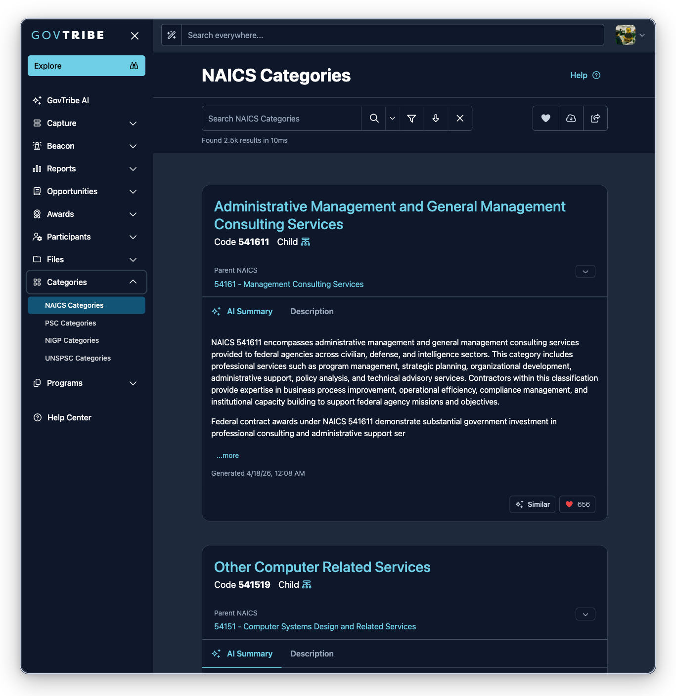 NAICS categories page with the Categories sidebar expanded and NAICS Categories selected