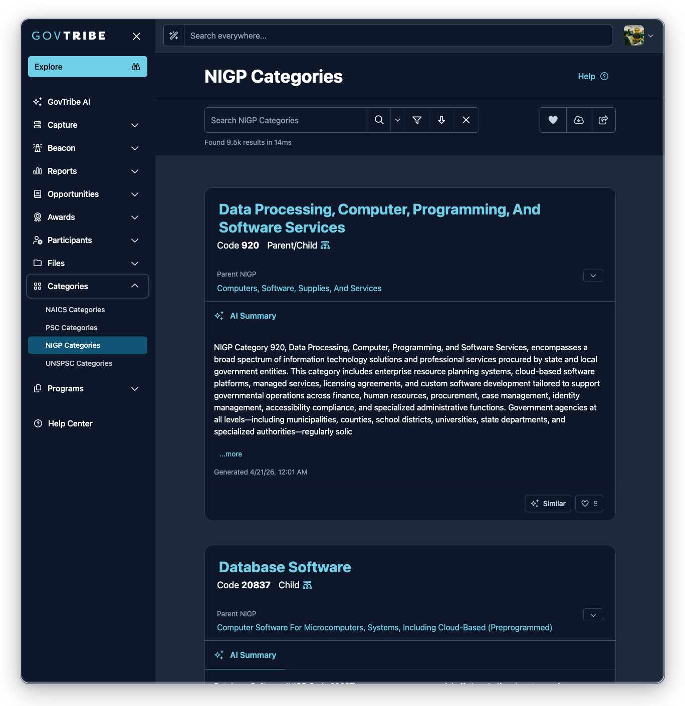 NIGP categories page with the Categories sidebar expanded and NIGP Categories selected