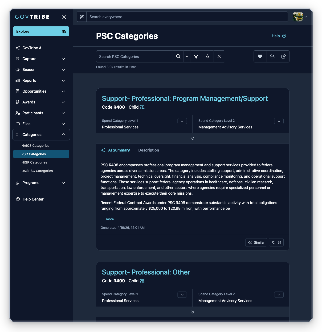 PSC categories page with the Categories sidebar expanded and PSC Categories selected