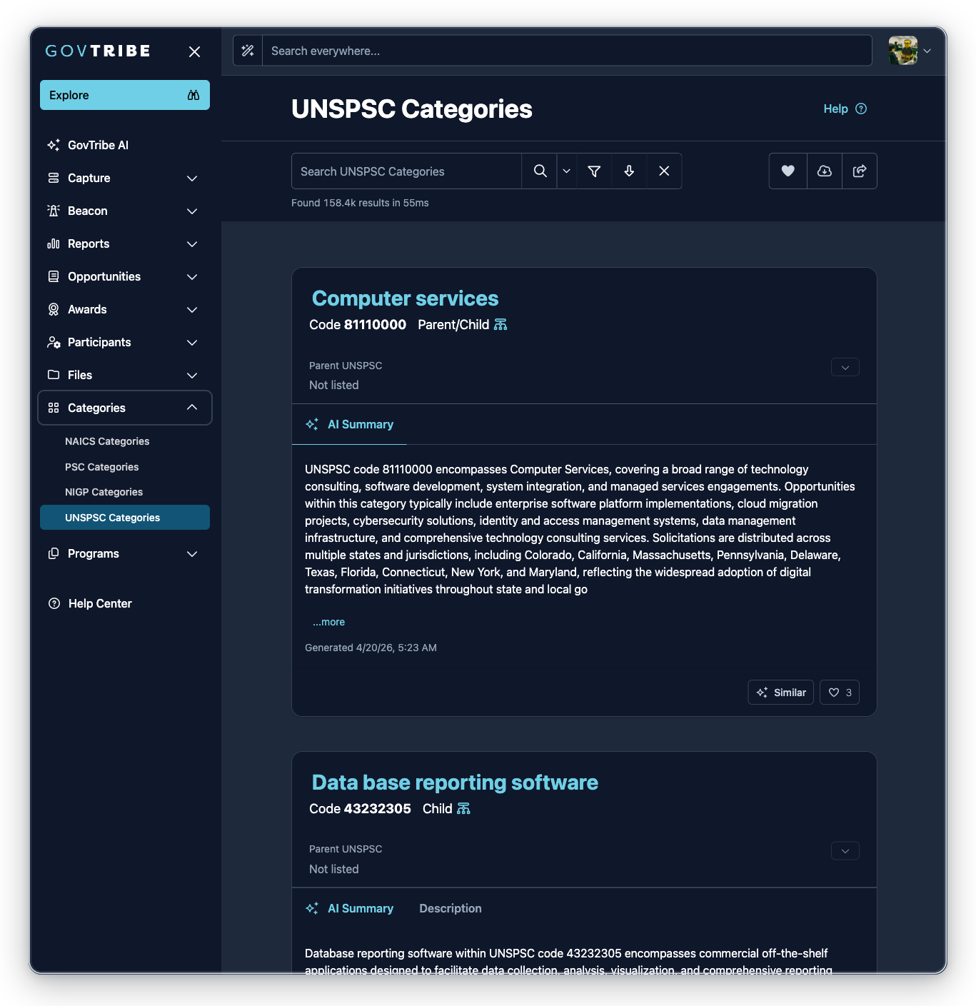 UNSPSC categories page with the Categories sidebar expanded and UNSPSC Categories selected