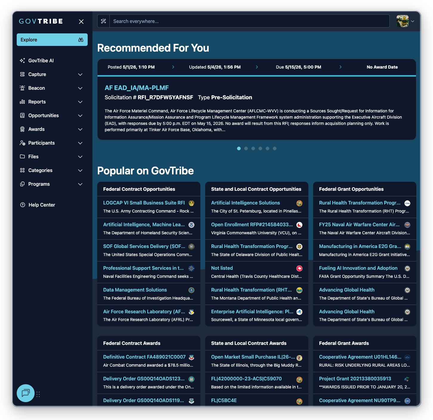 Explore page with Recommended For You, popular opportunity widgets, popular award widgets, and a vendor widget
