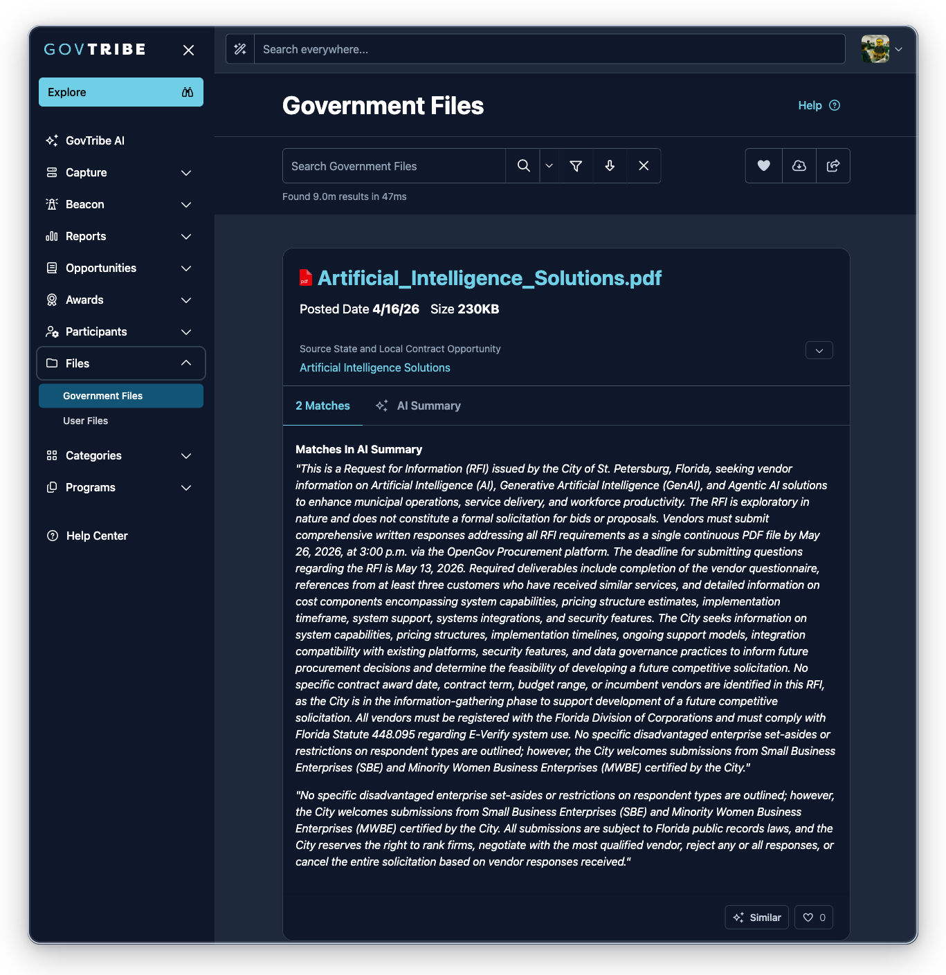 Government files page with the Files sidebar expanded and Government Files selected