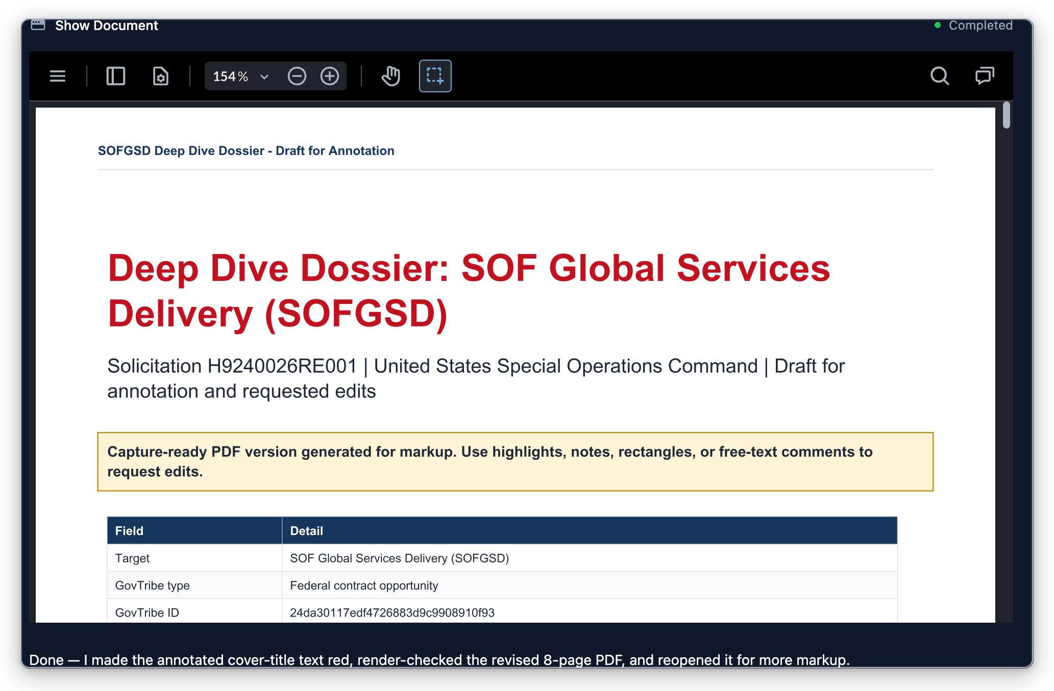GovTribe AI document viewer showing a revised PDF after an annotation-driven edit