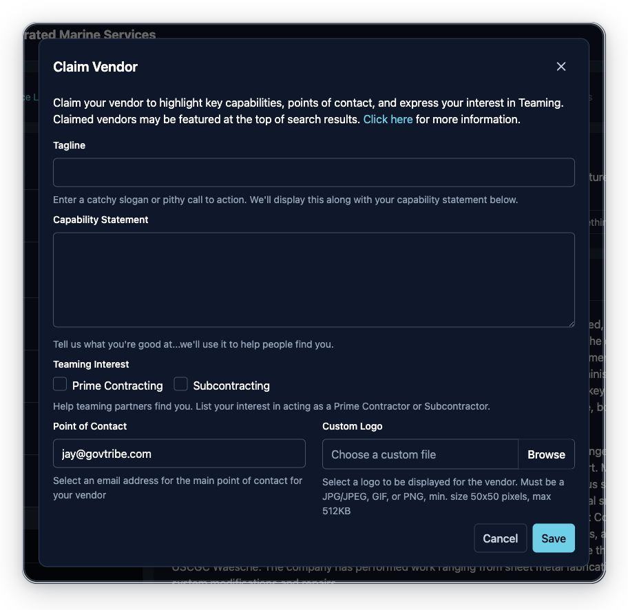 Claim Vendor modal with tagline, capability statement, teaming interest, point of contact, custom logo, cancel, and save controls