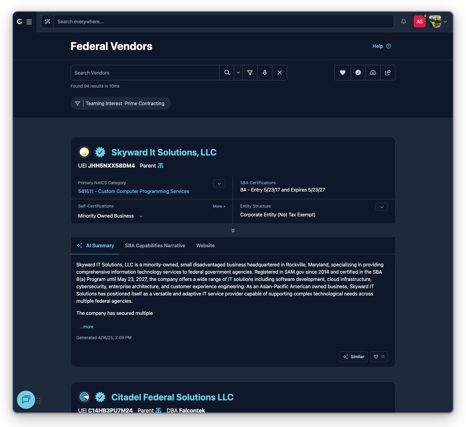 Federal Vendors search results filtered by Teaming Interest Prime Contracting