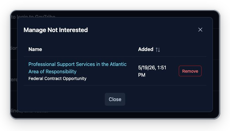Manage Not Interested dialog listing a marked federal contract opportunity with a Remove button