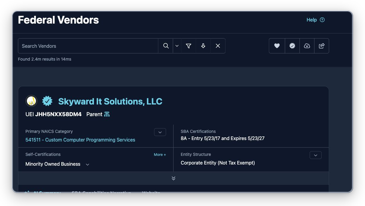 Vendors search page with the View Favorites action and vendor result cards