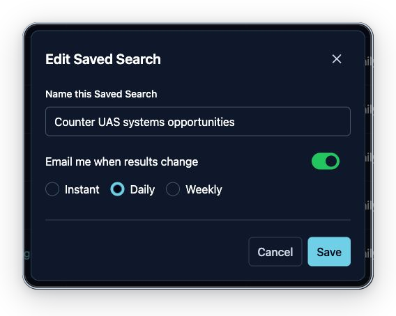 Edit Saved Search dialog with Daily frequency selected
