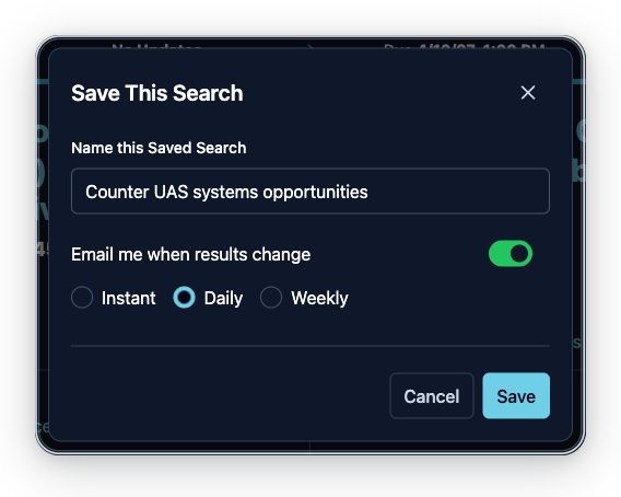 Save This Search dialog with Counter UAS systems opportunities entered and Daily selected