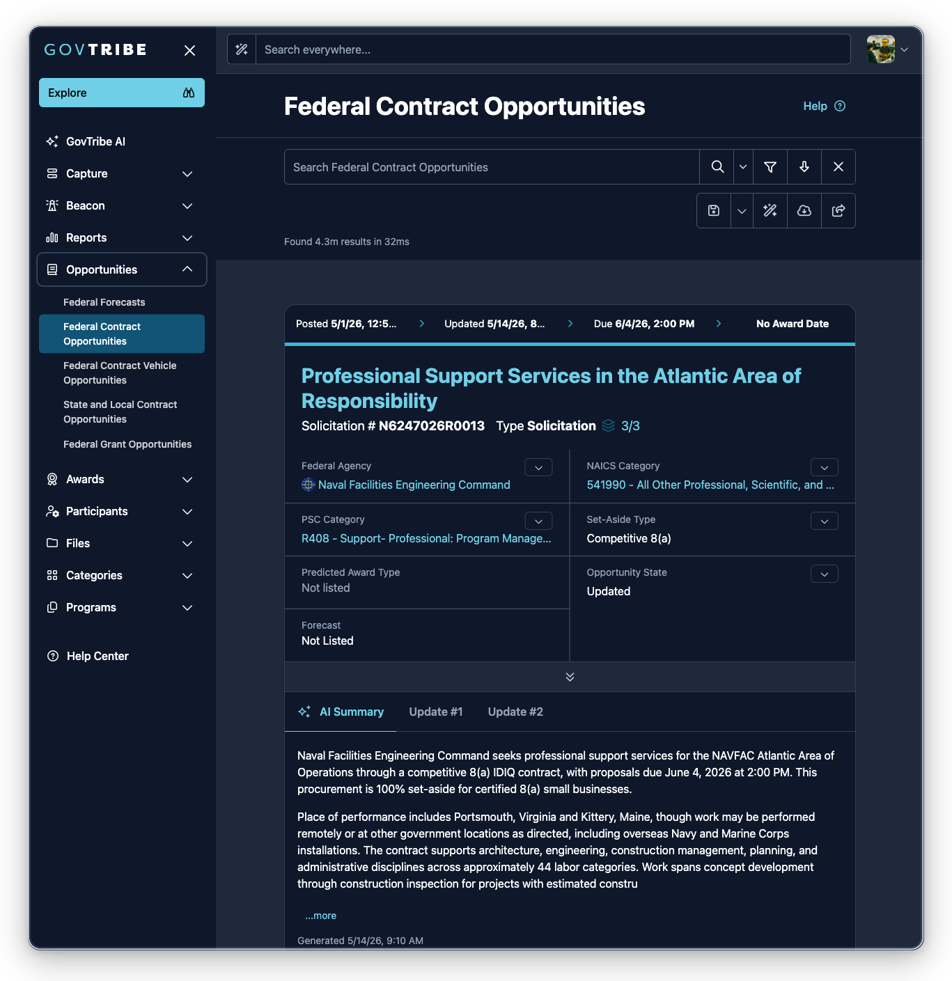 Federal contract opportunities page with the Opportunities sidebar expanded and Federal Contract Opportunities selected