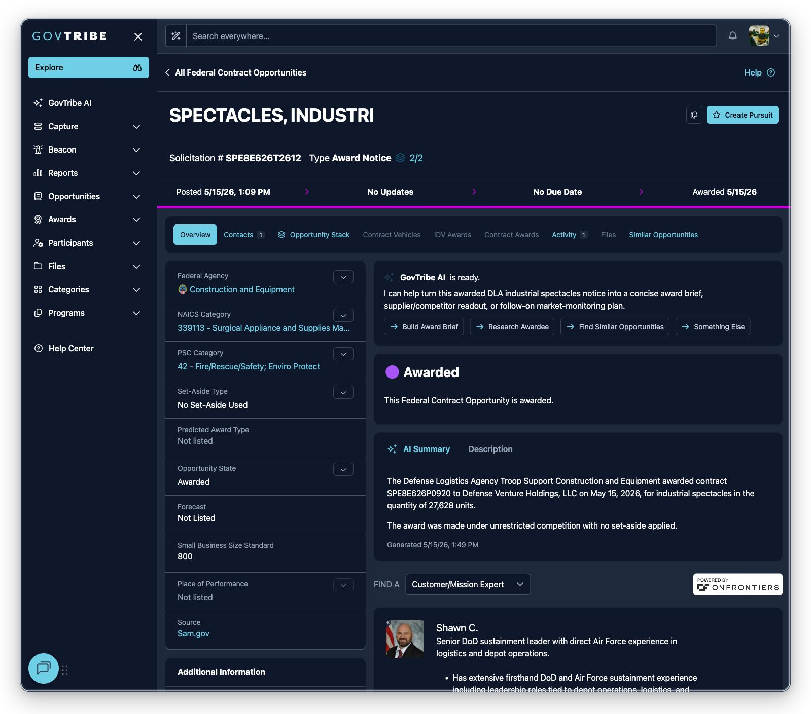 Award Notice federal contract opportunity detail with award timing, tabs, badges, and source description