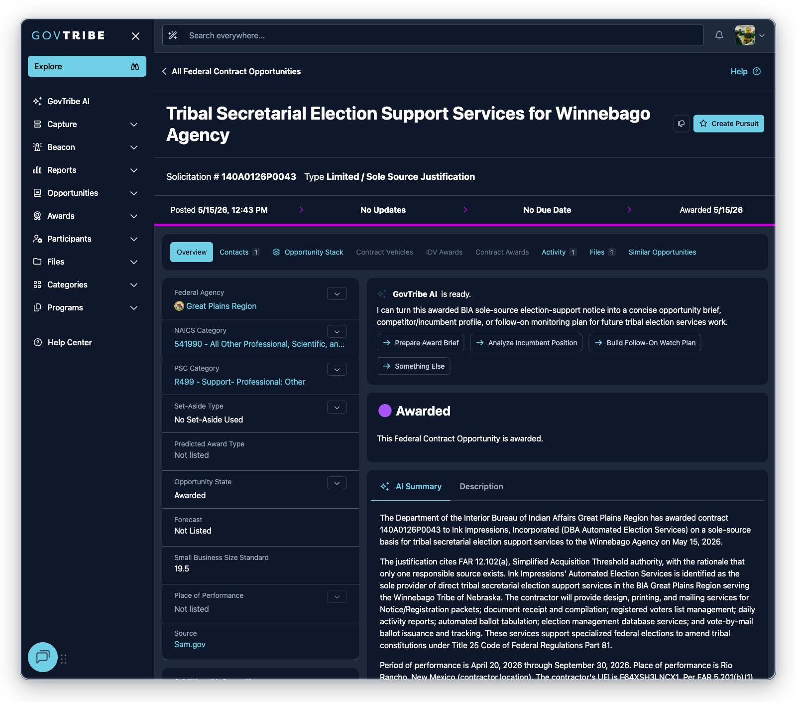 Limited sole source federal contract opportunity detail with awarded state, award date, badges, and description