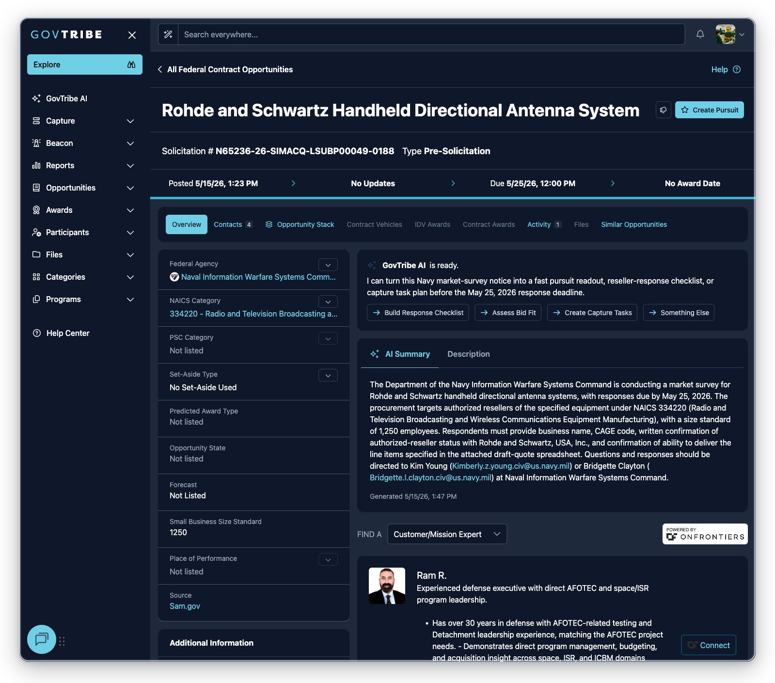 Pre-solicitation federal contract opportunity detail with header dates, badges, GovTribe AI, tabs, and pursuit action