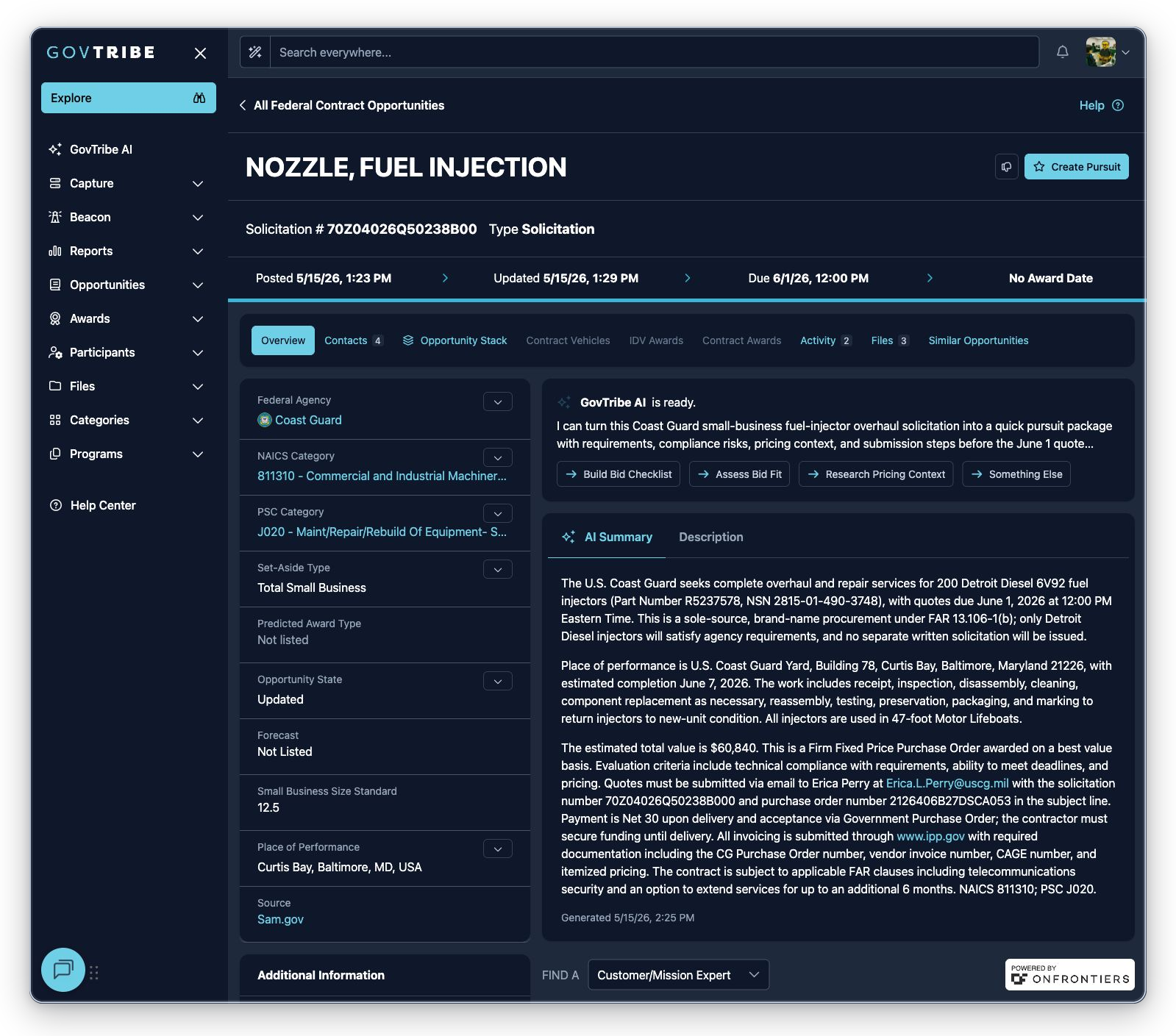Solicitation federal contract opportunity detail with due date, badges, files, contacts, and Create Pursuit action