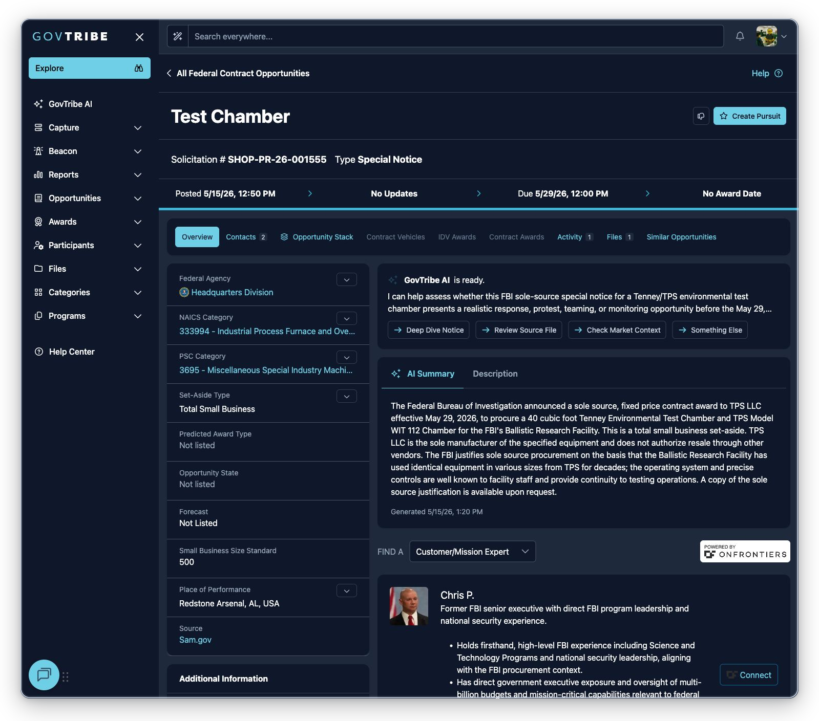Special Notice federal contract opportunity detail with notice timing, tabs, badges, and summary content