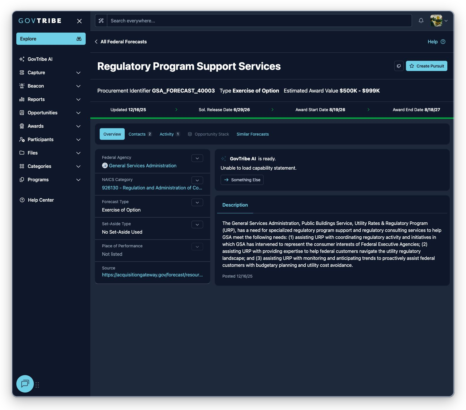 Exercise of Option federal forecast detail with forecast type, timing fields, badges, and summary content